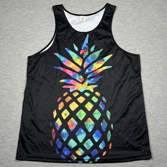 Colorful Pineapple Print Tank Top Womens Sz L Black Sleeveless Tropical Rainbow - Picture 4 of 12
